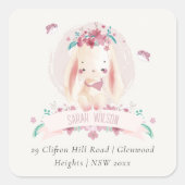 かわいいエレガントピンクのフローラバニー&バードアドレス スクエアシール (正面)