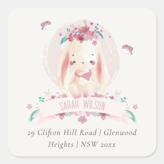 かわいいエレガントピンクのフローラバニー&バードアドレス スクエアシール (正面)