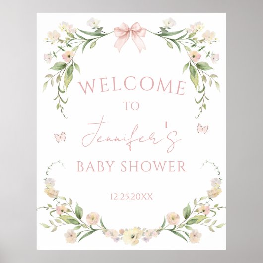 かわいいエレガントピンクのフローラベビーガールシャワーへようこそ ポスター (正面)