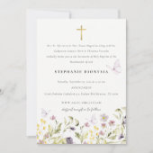 かわいいエレガントピンクの牧草地フローラ蝶バプテスマ 招待状 (正面)