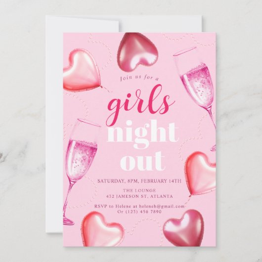 かわいいエレガントピンク誕生日ガールズナイトアウトパーティー 招待状 (正面)
