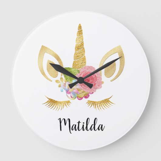 かわいいエレガントフローラ金ゴールドグリッター ラージ壁時計 (正面)