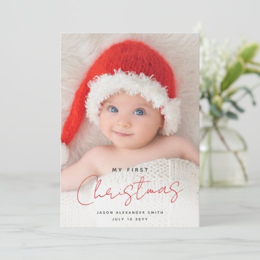 かわいいエレガントマイ初めてのクリスマスベビー写真 シーズンカード (スタンド正面)