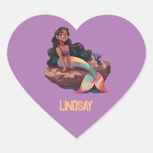 かわいいエレガント人魚と子供の名前 ハートシール (正面)
