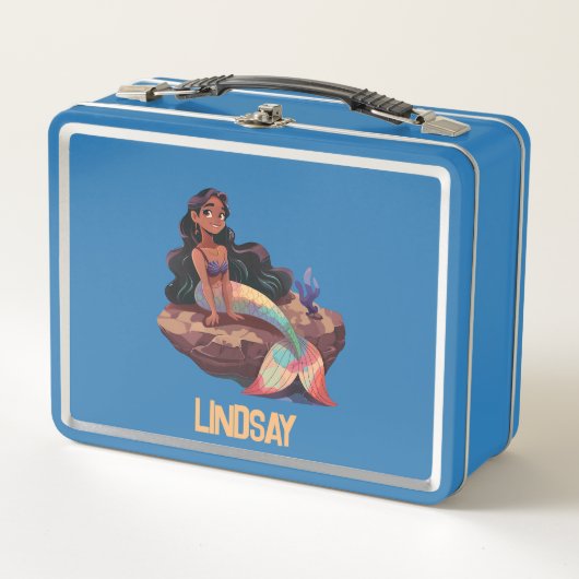 かわいいエレガント人魚と子供の名前 メタルランチボックス (正面)