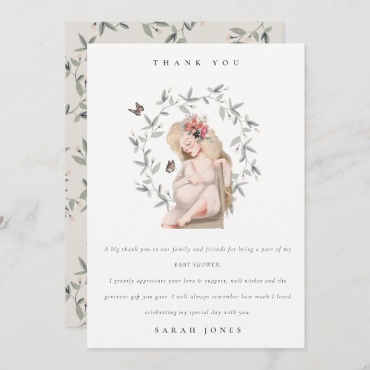 かわいいエレガント妊婦の紅葉ベイビーシャワー サンキューカード (正面/裏面)
