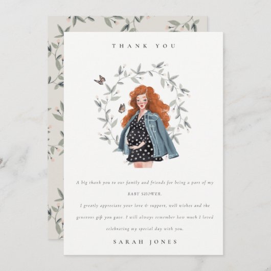 かわいいエレガント妊婦の紅葉ベイビーシャワー サンキューカード (正面/裏面)