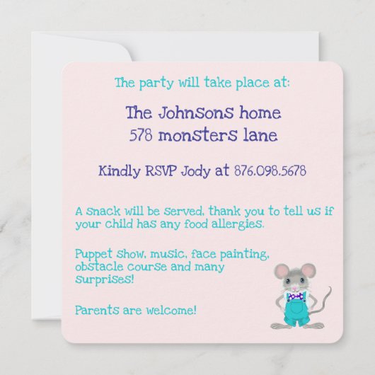 かわいいエレガント小さなマウスカスタム誕生日 招待状 (裏面)