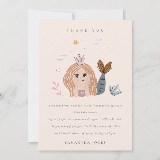 かわいいエレガント小さな赤面海マーメイドベビーシャワー サンキューカード (正面)