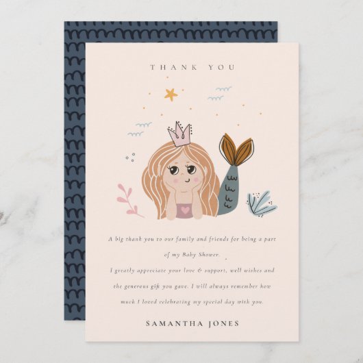 かわいいエレガント小さな赤面海マーメイドベビーシャワー サンキューカード (正面/裏面)