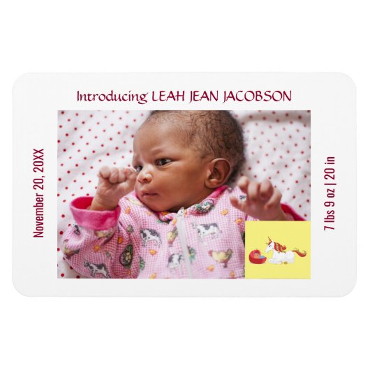 かわいいエレガント新生児ユニコーン誕生のお知らせ マグネット (横)