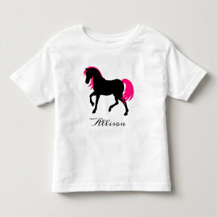 かわいいエレガント白黒&ホットピンクホース名を追加 トドラーTシャツ