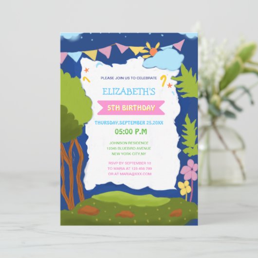 かわいいエレガント自然テーマキッドの誕生日 招待状 (スタンド正面)