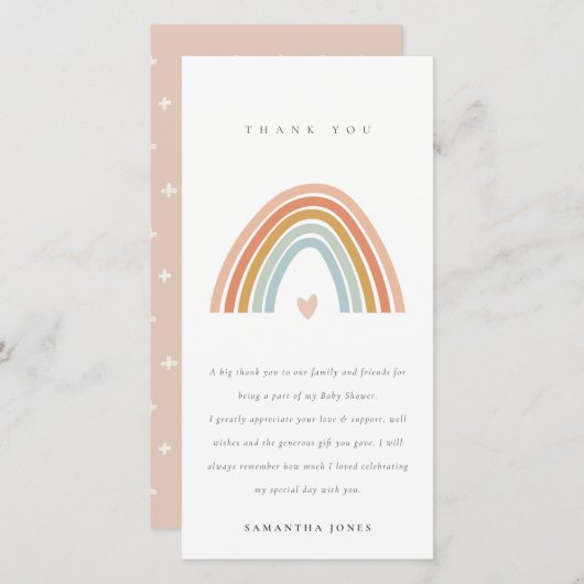 かわいいエレガント赤面ブルーハートレインボーベビーシャワー サンキューカード (正面/裏面)