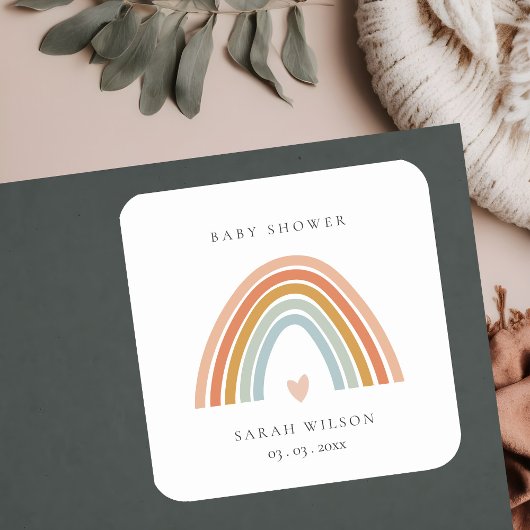 かわいいエレガント赤面ブルーハートレインボーベビーシャワー スクエアシール