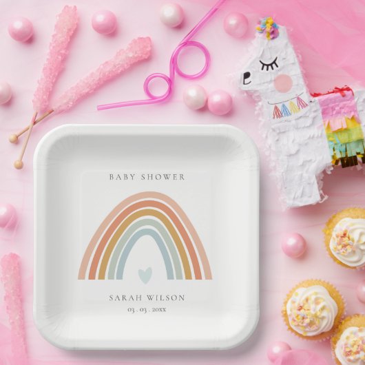 かわいいエレガント赤面ブルーハートレインボーベビーシャワー ペーパープレート (パーティー)