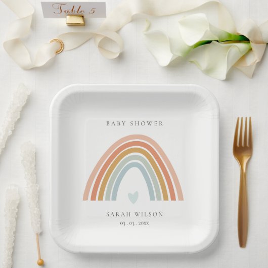 かわいいエレガント赤面ブルーハートレインボーベビーシャワー ペーパープレート (ウェディング)