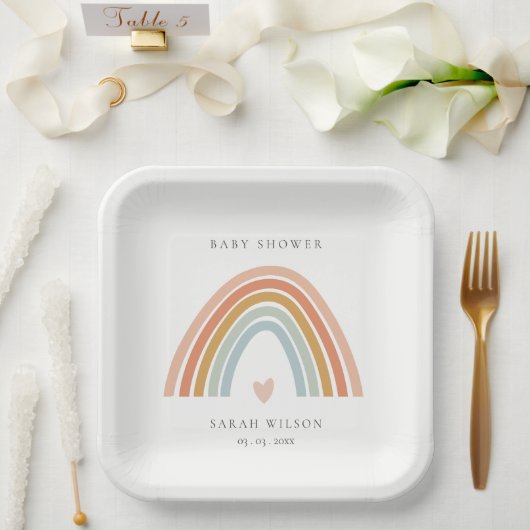 かわいいエレガント赤面ブルーハートレインボーベビーシャワー ペーパープレート (ウェディング)