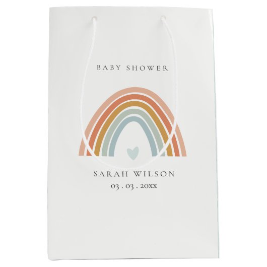 かわいいエレガント赤面ブルーハートレインボーベビーシャワー ミディアムペーパーバッグ (正面)