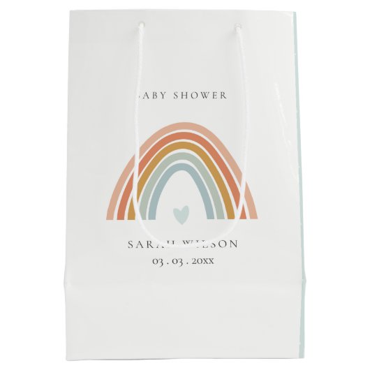 かわいいエレガント赤面ブルーハートレインボーベビーシャワー ミディアムペーパーバッグ (裏面)