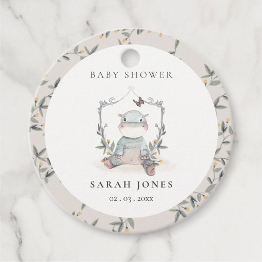 かわいいエレガント黄色ベビーヒッポ葉ベビーシャワー フェイバータグ (正面)