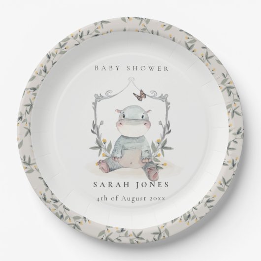 かわいいエレガント黄色ベビーヒッポ葉ベビーシャワー ペーパープレート (正面)