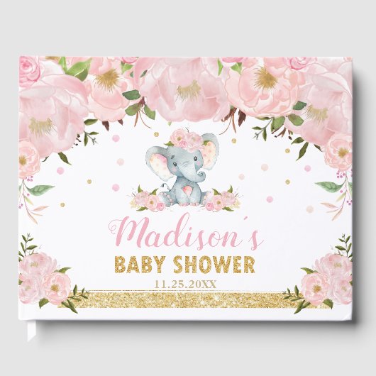 かわいいエレファントシック赤面ピンクフローラベビーシャワー ゲストブック (正面)