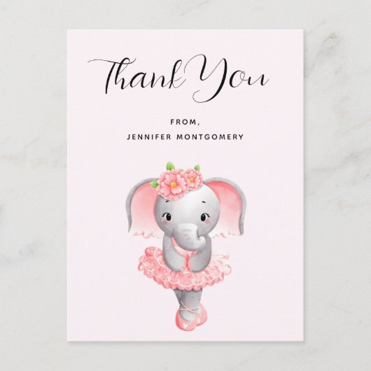 かわいいエレファントバレリーナピンク&グレイありがとう ポストカード (正面)