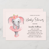 かわいいエレファントバレリーナピンク&グレーベビーシャワー 招待状 (正面/裏面)