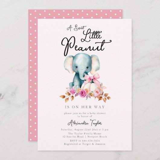 かわいいエレファントピンクカボチャ秋ガールベビーシャワー 招待状 (正面/裏面)