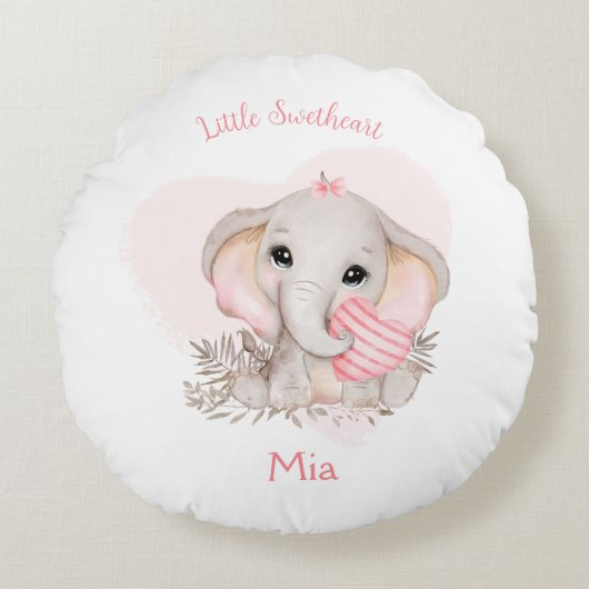 かわいいエレファントピンクハートガール子供部屋名 ラウンドクッション (正面)
