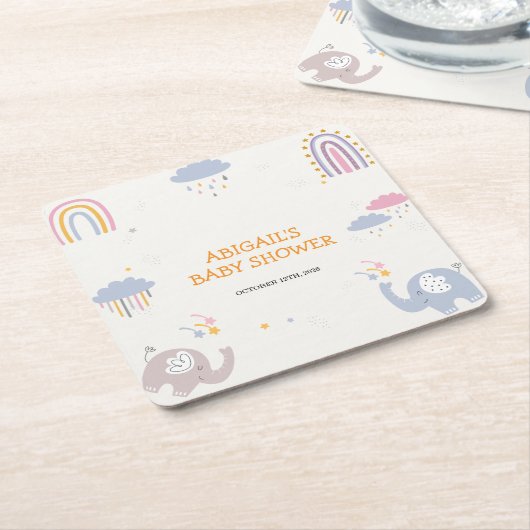 かわいいエレファントレインボーガールズベビーシャワー スクエアペーパーコースター (アングル)