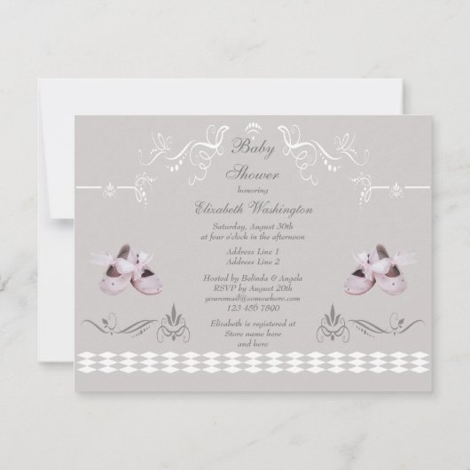 かわいいエンジェルテディ&バレエシューズベビーシャワー 招待状 (裏面)