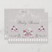 かわいいエンジェルテディ&バレエシューズベビーシャワー 招待状 (正面/裏面)