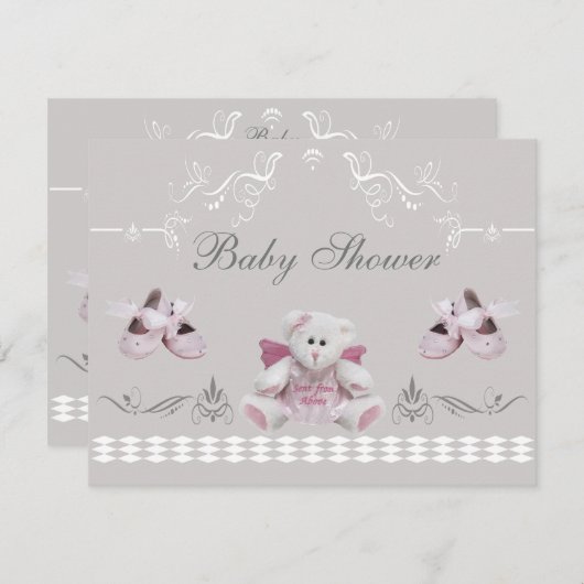 かわいいエンジェルテディ&バレエシューズベビーシャワー 招待状 (正面/裏面)