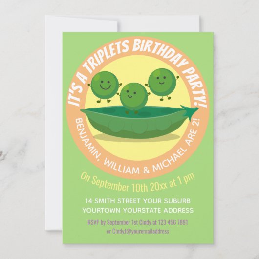 かわいいエンドウの三つ子の漫画イラストレーション 招待状 (正面)