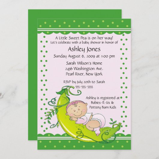 かわいいエンドウ豆の鞘の女の赤ちゃんのベビーシャワー招待状 招待状 (正面/裏面)