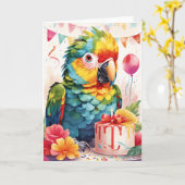 かわいいオウムとケーキ祝よ！ |カード カード (黄色い花)