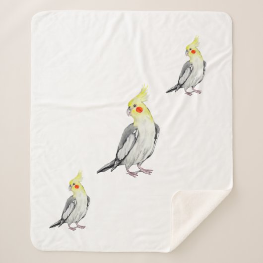 かわいいオウムの水彩画、コカティエル。 シェルパブランケット (正面)