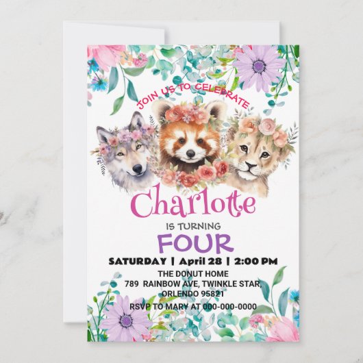かわいいオオカミのタヌキのジャングル動物の誕生日フローラ 招待状 (正面)