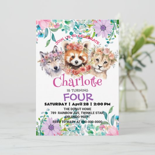 かわいいオオカミのタヌキのジャングル動物の誕生日フローラ 招待状 (スタンド正面)