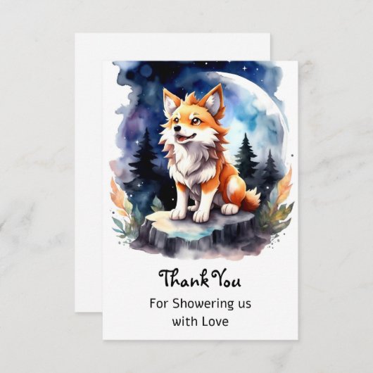 かわいいオオカミのパップベビーシャワー サンキューカード (正面/裏面)