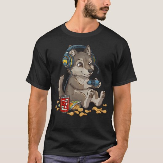 かわいいオオカミのビデオゲーマーコントローラー PC・ゲーム機用 Tシャツ (正面)