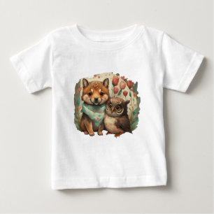 かわいいオオカミの子犬とフクロウ ベビーTシャツ