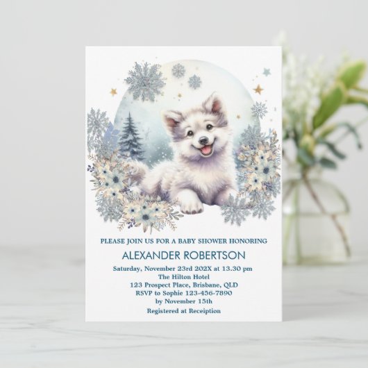 かわいいオオカミの少年の冬の森をテーマにした水の色 招待状 (スタンド正面)