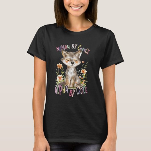 かわいいオオカミ動物の月アルファの花を持つオオカミ Tシャツ (正面)