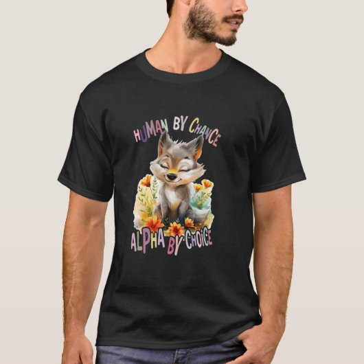 かわいいオオカミ動物の月アルファの花を持つオオカミ Tシャツ (正面)