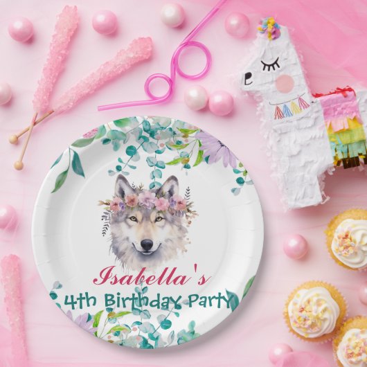 かわいいオオカミ動物園の動物ジャングルフローラ誕生日パーティー ペーパープレート (パーティー)