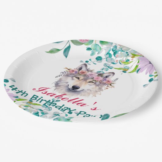 かわいいオオカミ動物園の動物ジャングルフローラ誕生日パーティー ペーパープレート (アングル)