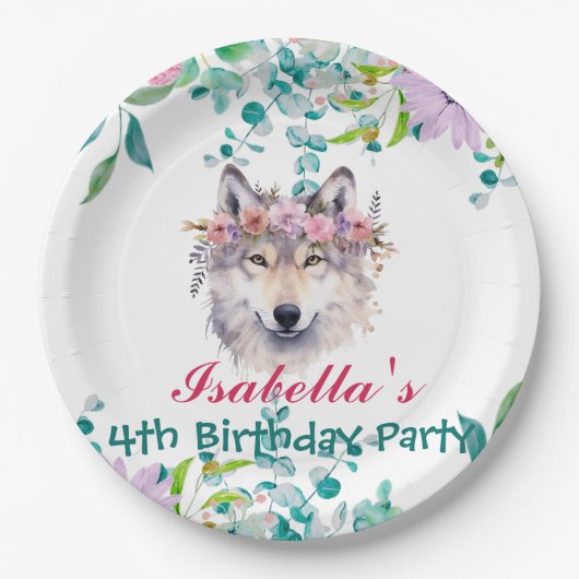 かわいいオオカミ動物園の動物ジャングルフローラ誕生日パーティー ペーパープレート (正面)